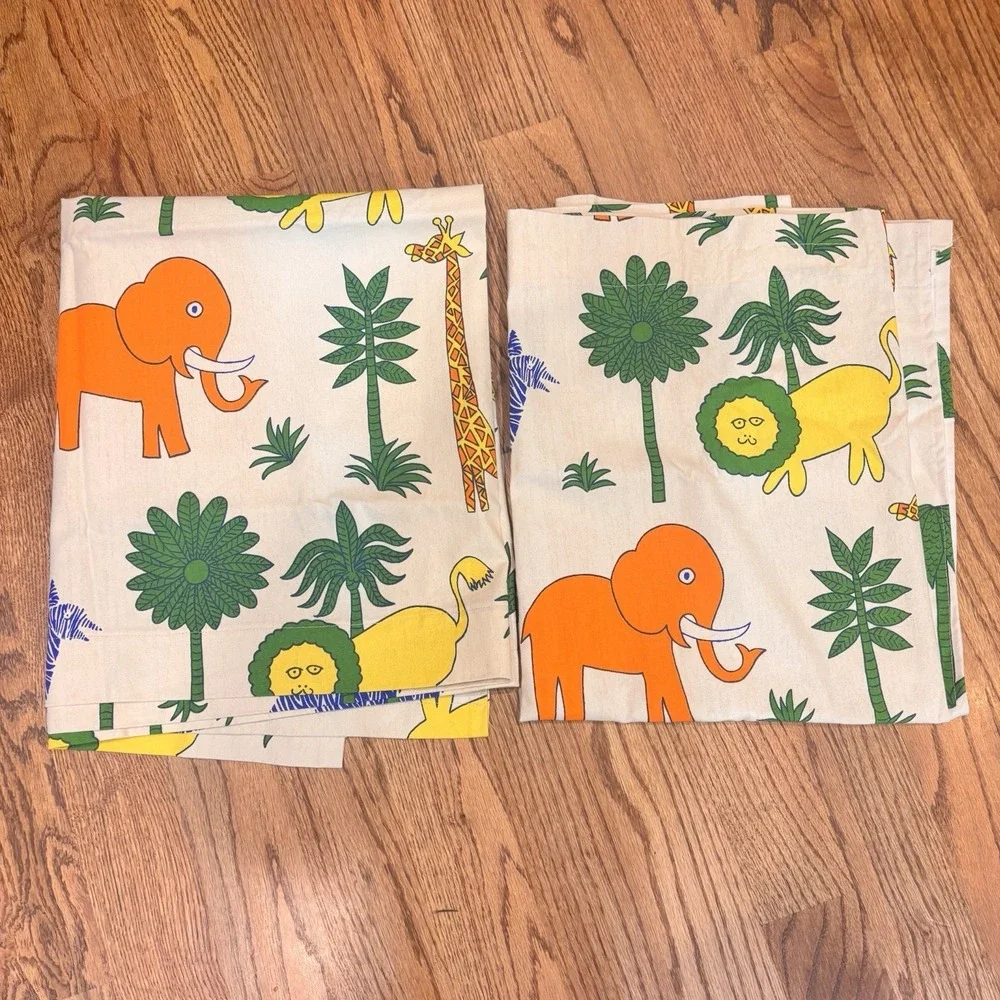 Vintage Mid Century Jungle Safari Curtain Panels Set of 2 Elephants Lions Zebra